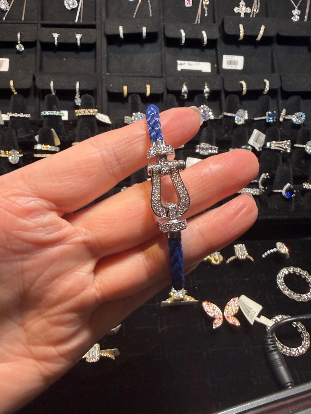 Blue Braided Leather Bracelet with Pavé Silver Clasp